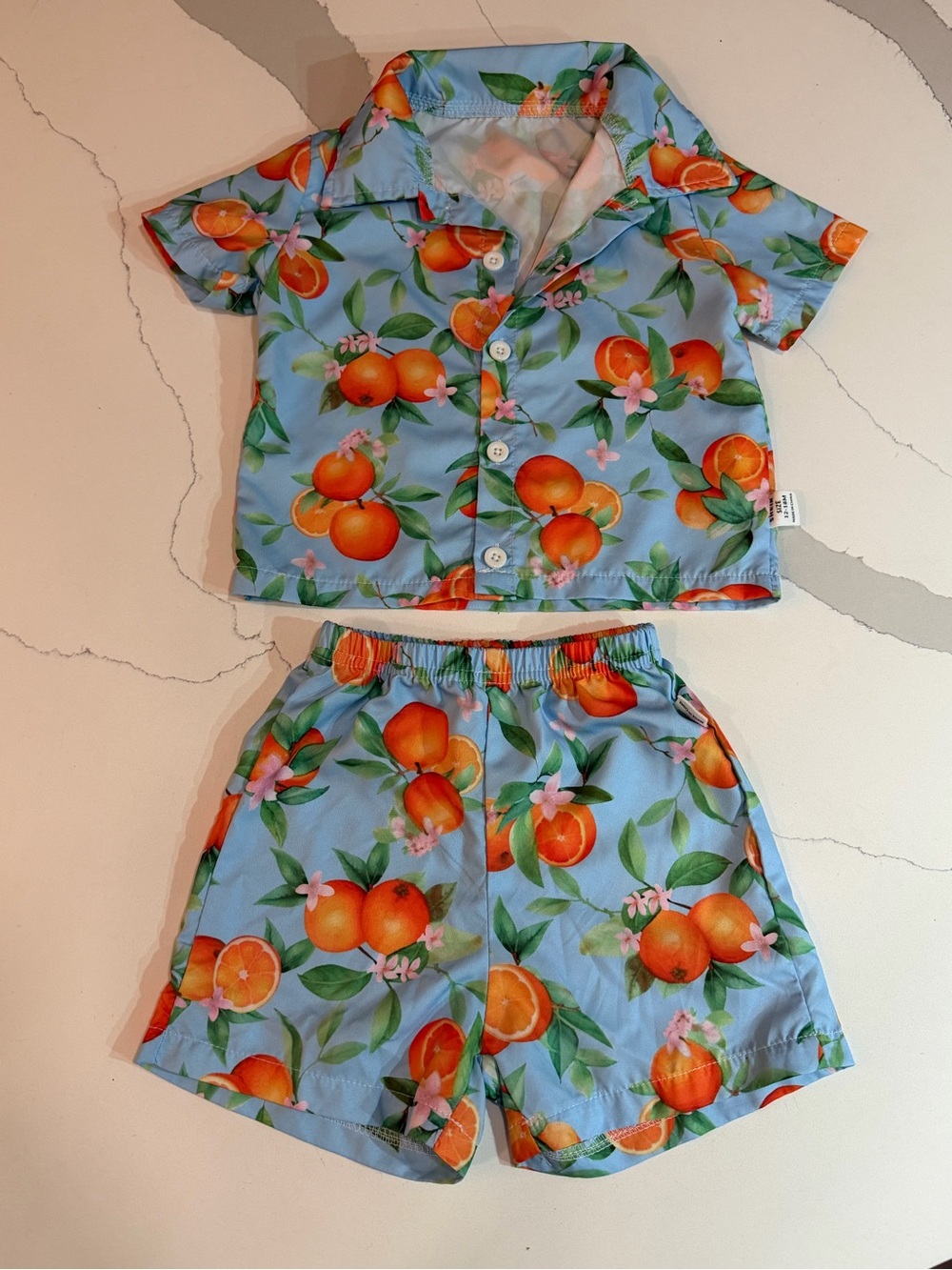 SHEIN Baby Boys Orange Print Button-Up Shirt & Swim Shorts Set 12-18M